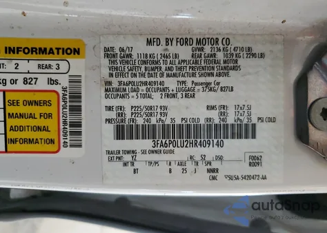 2017 Ford Fusion Se Hybrid z USA, uszkodzony, nr VIN 3FA6P0LU2HR409140